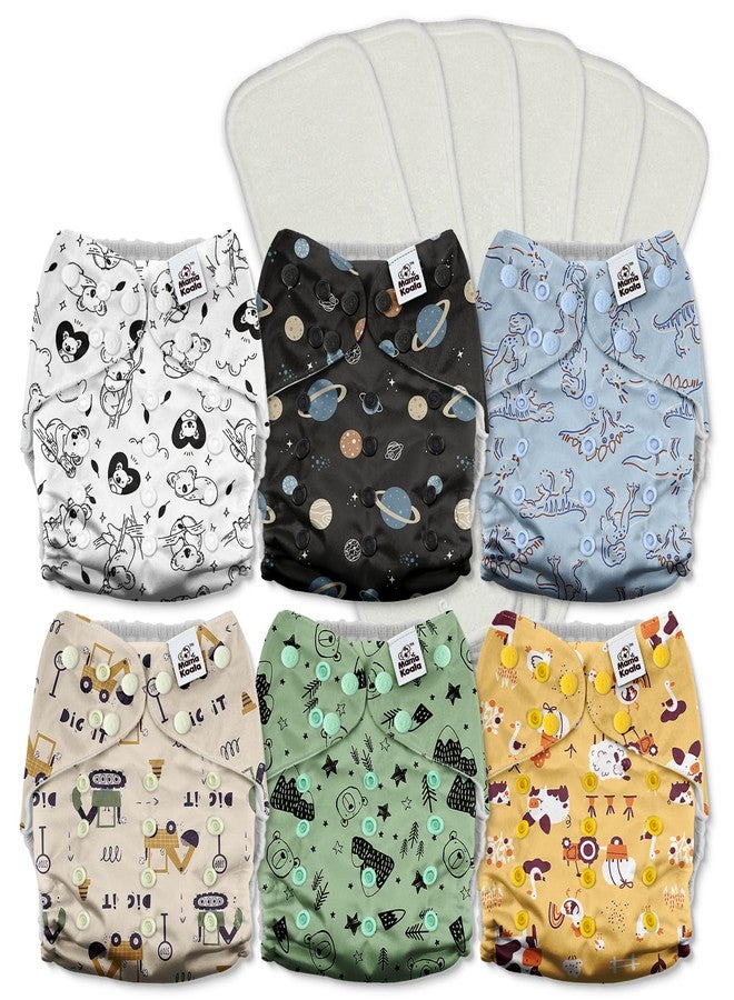 Mama Koala 3.0 Cloth Diapers for Babies with AWJ Lining, 6 Pack with 6 5-Layer Natural Cloth Diaper Inserts - Reusable and Washable Pocket Diapers(A-Dinosaurs and Farm) - Image 1